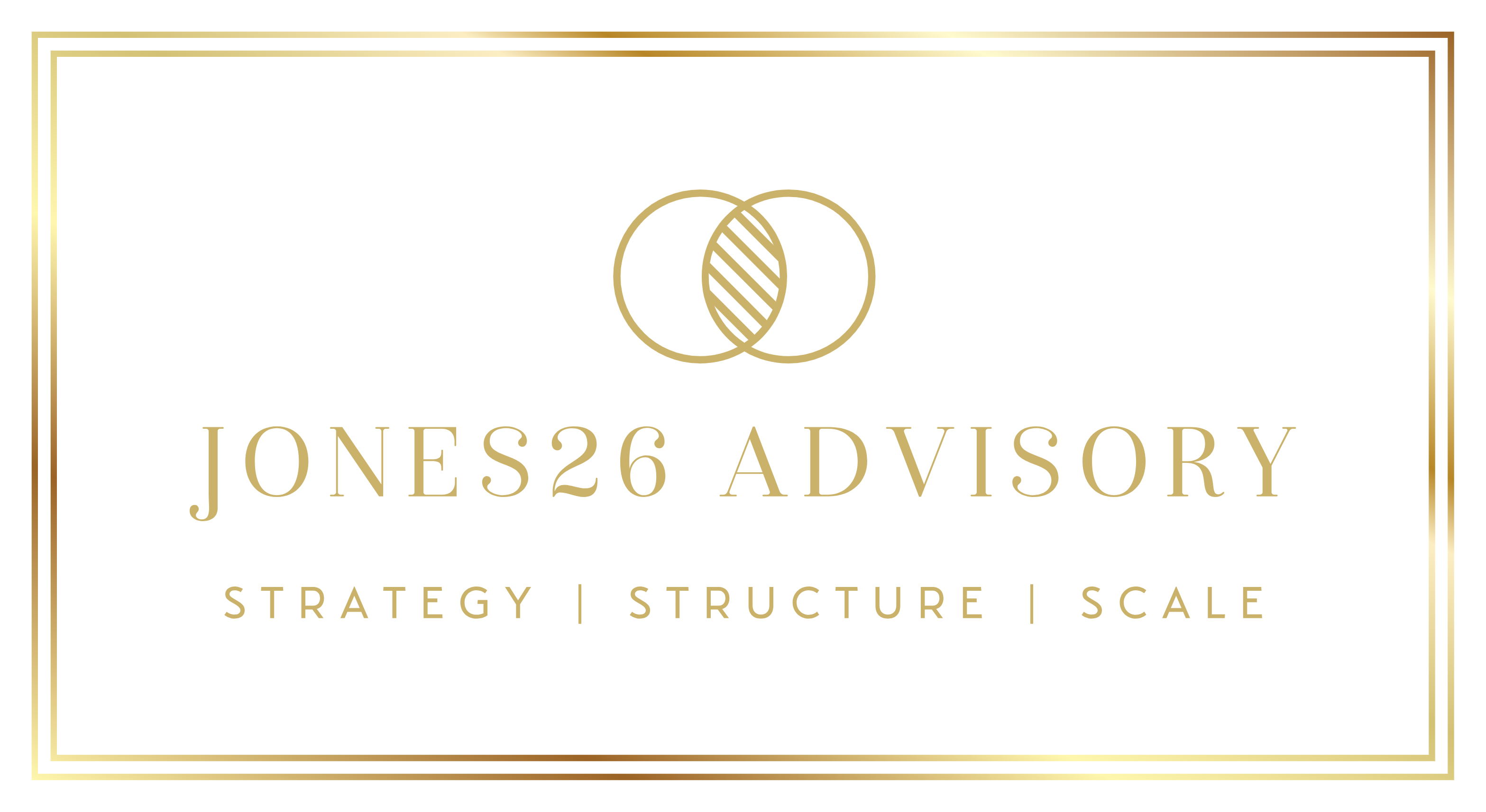 Gold Jones26 Advisory logo with overlapping circles and the words “Strategy | Structure | Scale” on a white background