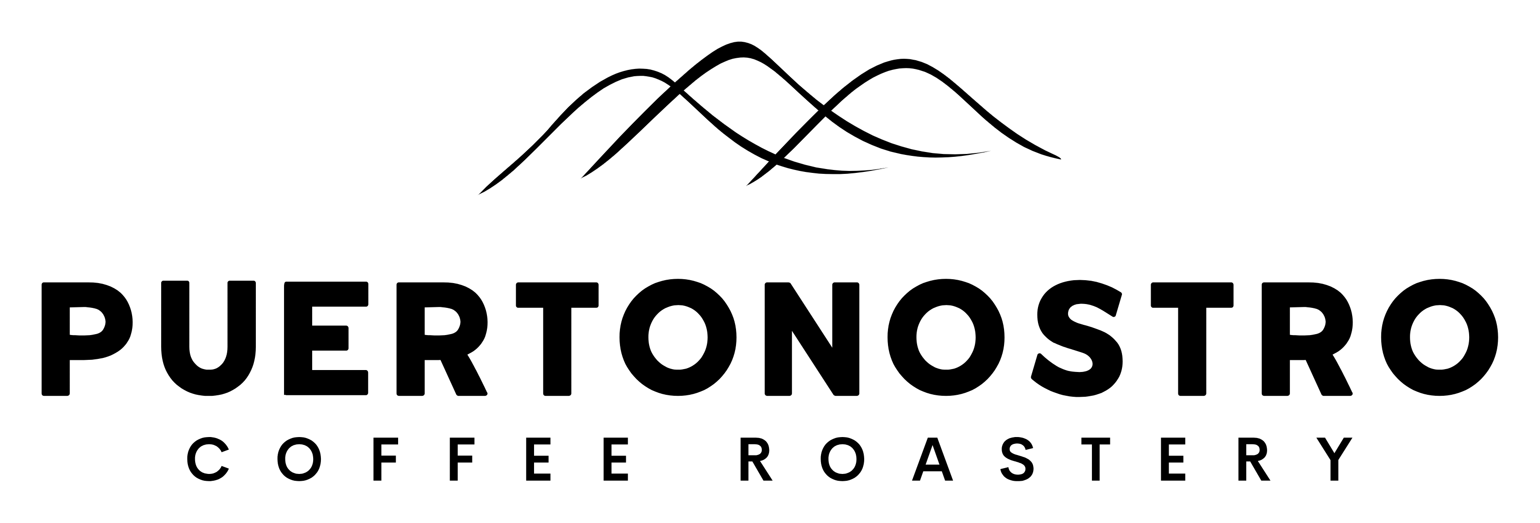 Puertonostro Coffee Roastery logo with black mountains above bold black text on white background