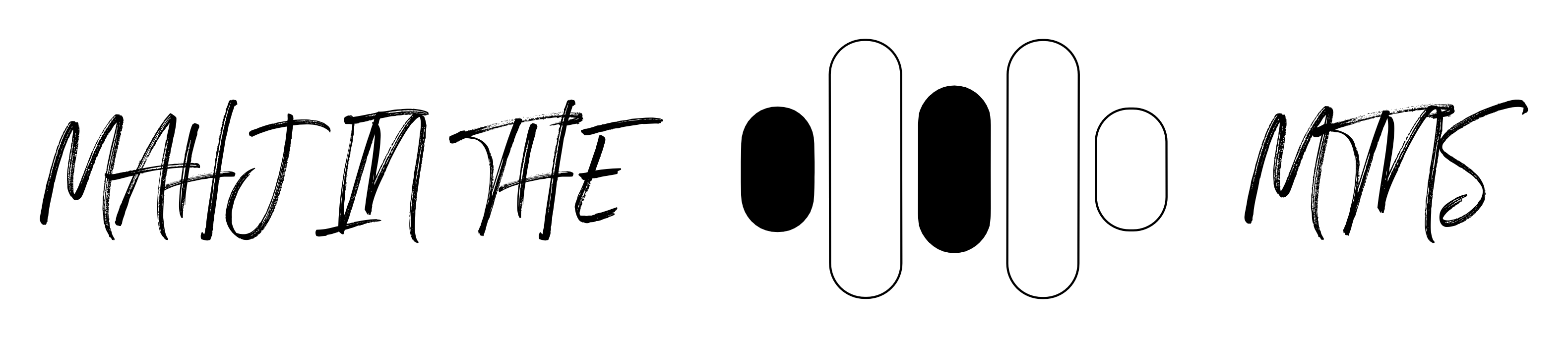Handwritten black text with a stylized central logo of vertical black ovals and small dots on a white background