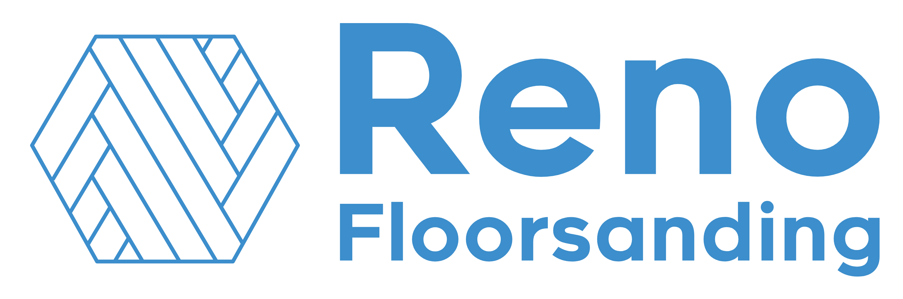 Reno Floorsanding logo with blue hexagon icon and blue text on white background