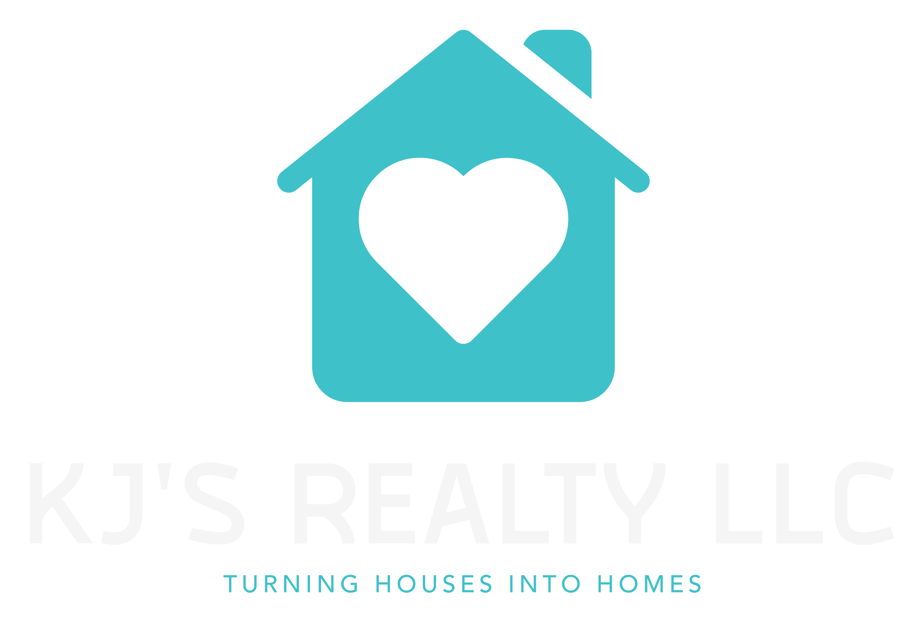 Logo for KJ's Realty LLC featuring a turquoise house icon with a heart cutout, with the company name and slogan below.