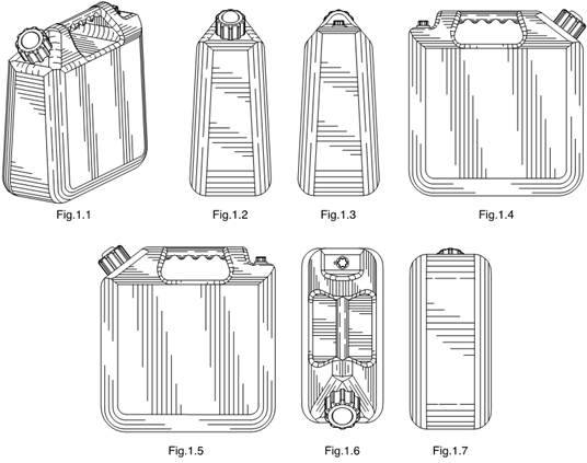 Titre : Example 3 - Views - Figure 1.1 to 1.7 - Description : The image shows 7 views of a Jerrycan in different perspectives. The Jerrycan is of a square shape, two caps on the top; a regular size cap on the front and a small on the end, and a finger molded handle in the middle of the two caps. 
Fig. 1.1 Perspective view of the Jerrycan;
Fig. 1.2 Front view of the Jerrycan;
Fig. 1.3 Back view of the Jerrycan;
Fig. 1.4 Right side view of the Jerrycan;
Fig. 1.5 Left side view of the Jerrycan;
Fig. 1.6 Top view of the Jerrycan; and,
Fig. 1.7 Bottom view of the Jerrycan.
