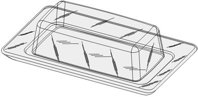 Titre : Example 11  Translucency - Description : Figure 1.1 shows a representation of a translucent Butter Dish with two parts: a rectangular saucer and cover the size of a butter brick. It is possible to see through, but the two parts are not completely transparent. Light shading as well as fine diagonal lines are used to indicate translucency.