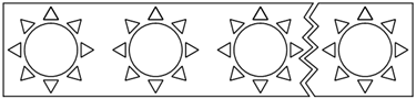 Titre : Example 15  Repeating surface pattern - Figure 1.1 - Description : Figure 1.1 shows a Ribbon with a repeating pattern showing a sun. On the right side, the Ribbon is cut in half by two parallel lines broken by a zigzag in order to represent the indefinite length of the Ribbon.
