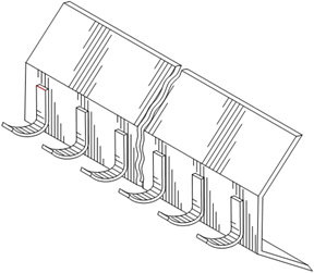 Titre : Example 16  Repeating 3D features - Figure 1.1 - Description : The image shows a Backpack Hanging Rack. The Rack has three parts, a top and bottom oblique sides linked together by an horizontal middle part. Multiple hooks for the backpacks are fixed to the middle part. The finished article is cut by zigzag line showing the indefinite length.