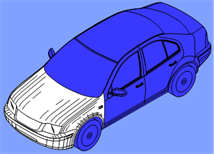 Titre : Example 33  Use of colouring to limit the design - Figure 1.3 - Description : Figure 1.3 shows a right-side view of a Car where the front part of the Car shows details of the design. The rest of the Car is coloured in dark blue so the details appear blurred or imperceptible. The colour is used to limit the design to the front part of the car.  
