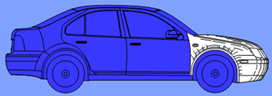 Titre : Example 33  Use of colouring to limit the design - Figure 1.3 - Description : Figure 1.3 shows a right-side view of a Car where the front part of the Car shows details of the design. The rest of the Car is coloured in dark blue so the details appear blurred or imperceptible. The colour is used to limit the design to the front part of the car.  
