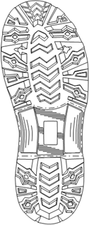 Titre : Example 35  Acceptable use of boundary lines - Figure 1 - Description : Figure1 shows a front view of a Shoe Sole with multiple design features. The features shown in the arch-part of the Shoe Sole are surrounded by a dot-dash boundary line to illustrate that the design is limited to the features within its boundary.
