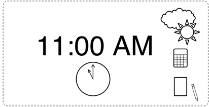 Titre : Exemple 4  Une seule vue est suffisante pour divulguer le dessin - Figure 1.1 - Description : La figure 1.1 dmontre une vue de face de lcran daffichage. Lcran montre lheure de faon digitale et numrique. Du ct droit de lcran, il y a diffrentes icnes de type widget qui montrent un soleil et un nuage, une calculatrice, un livret de notes ainsi quun crayon.
