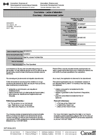 Titre : Exemple de lettre de courtoise - Description : Une lettre de courtoisie sera toujours identifiée comme telle dans lentête, lequel indiquera clairement la raison pour laquelle la lettre est envoyée. Les détails de la lettre sont : la date de la lettre (qui est la date de la lettre de courtoisie),  le numéro de la demande/du brevet et autres numéros de référence, et, si la lettre fournit de linformation sur le statut dune demande de brevet ou dun brevet, elle indiquera la date de lavis du commissaire envoyée précédemment ainsi que la date déchéance mentionnée dans cet avis. Les renseignements généraux sur la demande ou le brevet sont : la date de dépôt, demandeur(s), inventeur(s), titre de linvention et les autres renseignements, sil y a lieu, tels que la date de la lettre, la date de soumission (dans le cas des demandes divisionnaires), les données relatives à la priorité, etc. Le texte dans le corps de la lettre est : la raison pour laquelle la lettre est envoyée, si la lettre a pour but de fournir de linformation sur une non-conformité, les raisons à lorigine de la non-conformité, la mention des dispositions pertinentes de la Loi sur les brevets et des Règles sur les brevets. En paragraphe de clôture, il y a un paragraphe général faisant renvoi au présent recueil et les coordonnées; soit celles de lOPIC en général soit celles dun groupe précis, selon le cas.