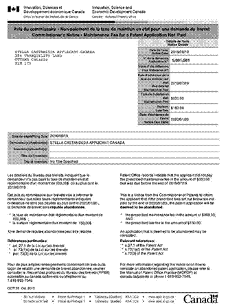 Titre : Exemple davis du commissaire - Description : dans cet exemple, vous trouvez la date de lavis, qui est la date de lavis du commissaire visé par la Loi sur les brevets et les Règles sur les brevets; tous les délais sont établis à partir de cette date. Le numéro de la demande/du brevet et autres numéros de référence. Les taxes, et sil y a lieu : le montant exigé, établi en fonction des renseignements qui figurent aux dossiers du Bureau. La date déchéance indiquée dans lavis : la date déchéance indiquée dans lavis comprend une prorogation pour les jours réglementaires connus. Les renseignements généraux sur la demande ou le brevet, soit : date de dépôt, demandeur(s), inventeur(s), titre de linvention et autres renseignements, sil y a lieu. Le texte dans le corps de lavis : la raison pour laquelle lavis est envoyé, ce qui est exigé, la conséquence dune omission de se conformer à cette exigence et la mention des dispositions pertinentes de la Loi sur les brevets et des Règles sur les brevets. Le paragraphe de clôture inclût : un paragraphe général faisant renvoi au présent recueil, les coordonnées : soit celles de lOPIC en général soit celles dun groupe précis, selon le cas.