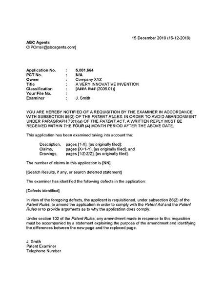 Titre : sample examiner's report - Description : An examiner's report constitutes a requisition under subsection 86(2) of the Patent Rules, identifies defects in the application on file.