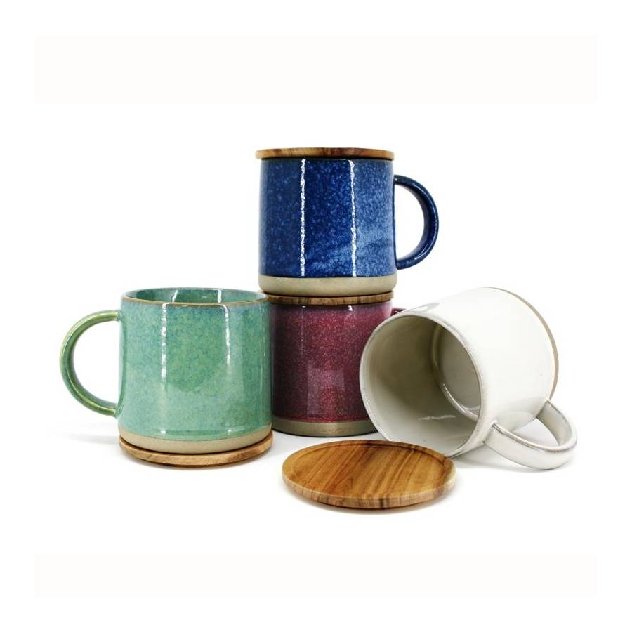 Additional view 1 of Tasse lustrée avec couvercle en acacia - Bleu
