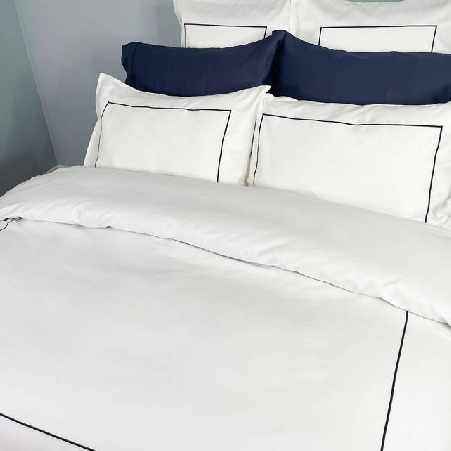 Additional view 1 of Renaissance Hotel Embroidered Duvet Cover and Pillow Shams Set - White/Marine - Queen