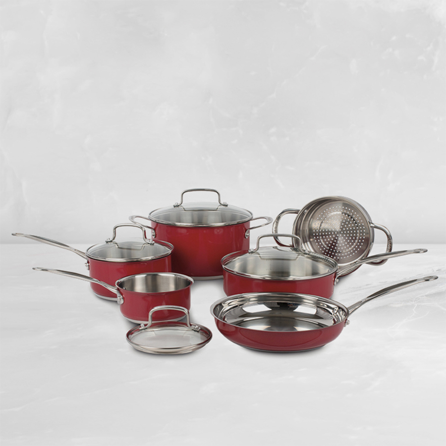 Additional view 1 of Batterie de cuisine en acier inoxydable métallisé 10 pièces Collection classique - Rouge