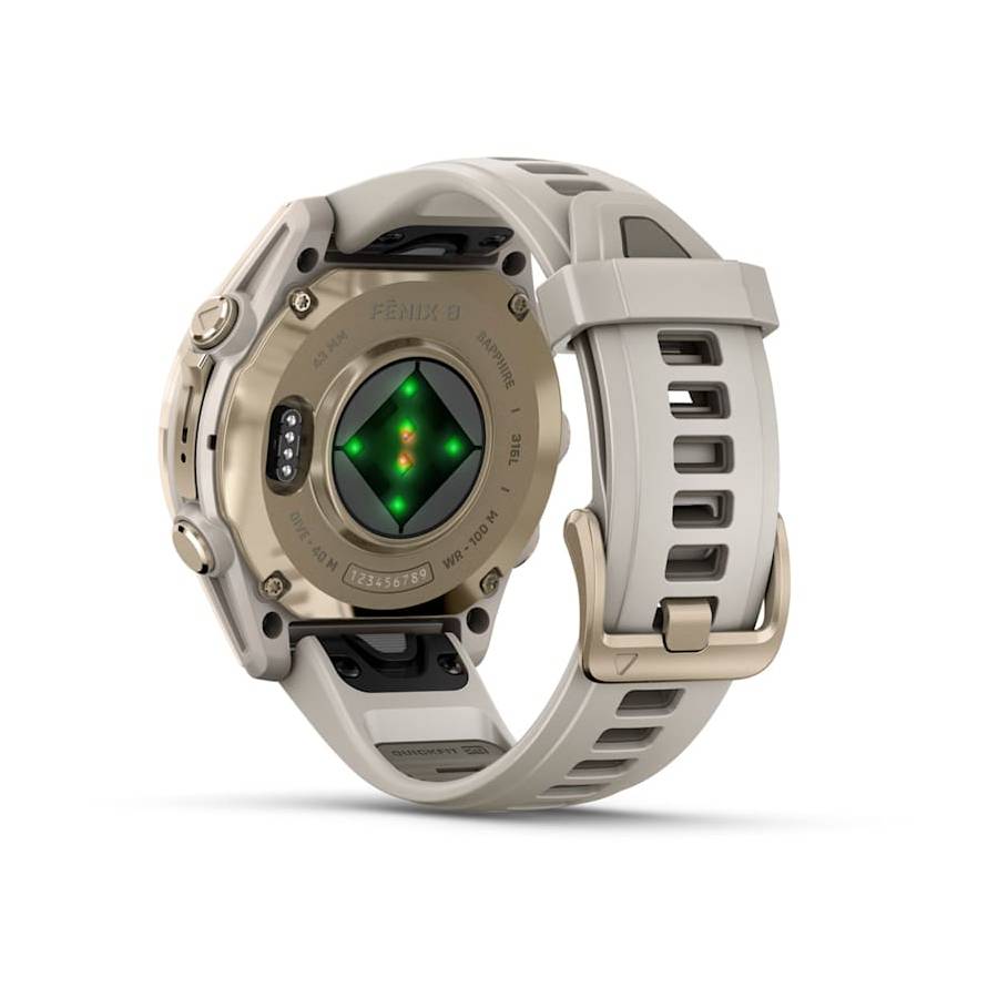 Additional view 2 of fēnix 8 Smartwatch Amoled Sapphire - Soft Gold with Fog Gray/Dark Sandstone Silicone Band - 43 mm
