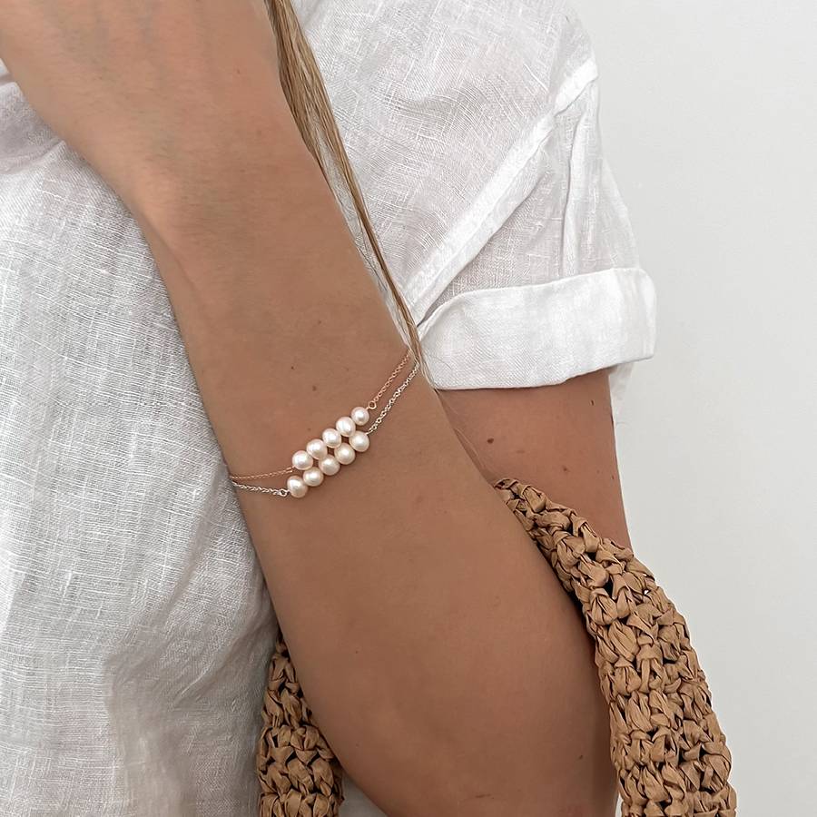 Additional view 1 of Bracelet pavé perlé - Argent sterling plaqué or rose