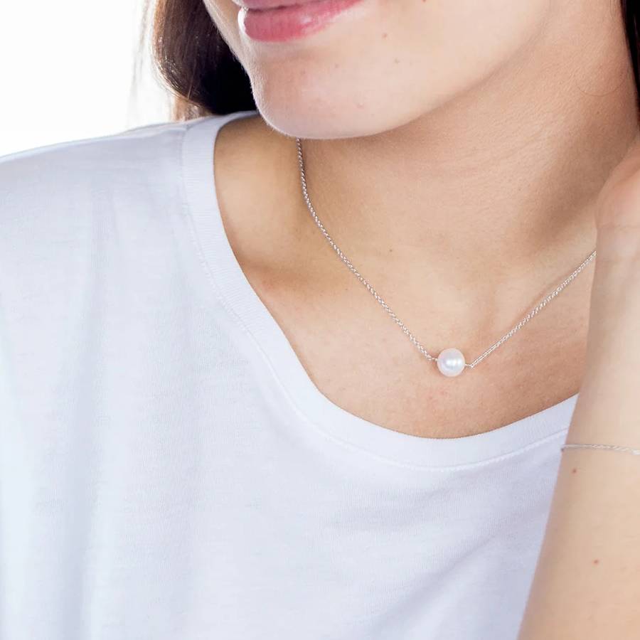 Additional view 1 of Simple Pearl Necklace - Sterling Silver