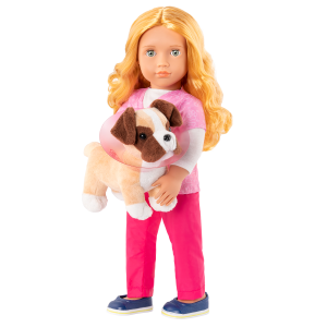 Anais holding plush pup