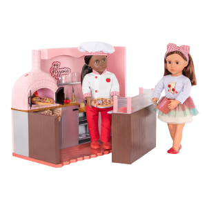 Our Generation Easy Cheesy Pizzeria Table & Chairs Furniture 18-inch Dolls Francesca & Rashida