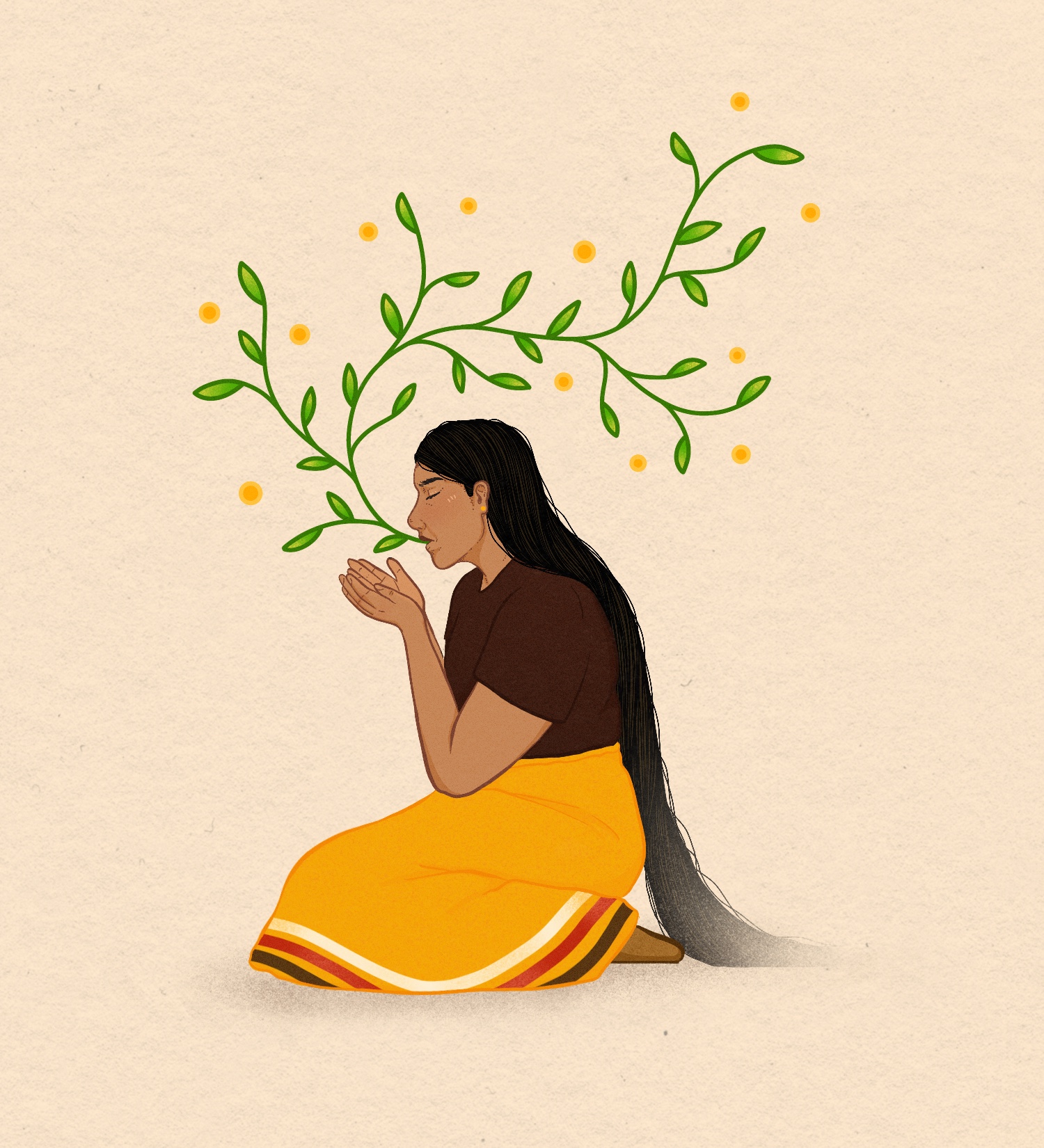Illustration of a woman in traditional attire, kneeling with long hair, surrounded by green vines and yellow flowers, symbolizing a connection to nature and cultural heritage.