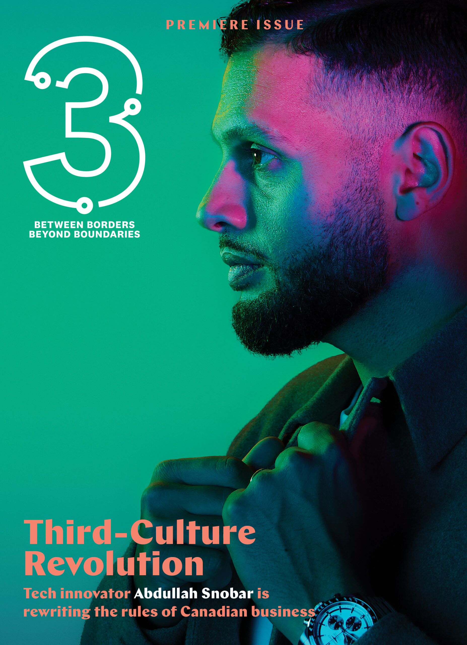 Portrait of tech innovator Abdullah Snobar with vibrant green and pink lighting, featuring the text "Third-Culture Revolution" and the magazine title "3" emphasizing themes of innovation and identity in Canadian business.