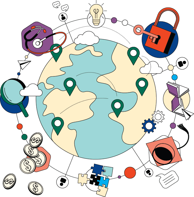 Illustration of a globe surrounded by icons representing business concepts, including technology, communication, security, and finance, reflecting global connectivity and innovation in the business landscape.