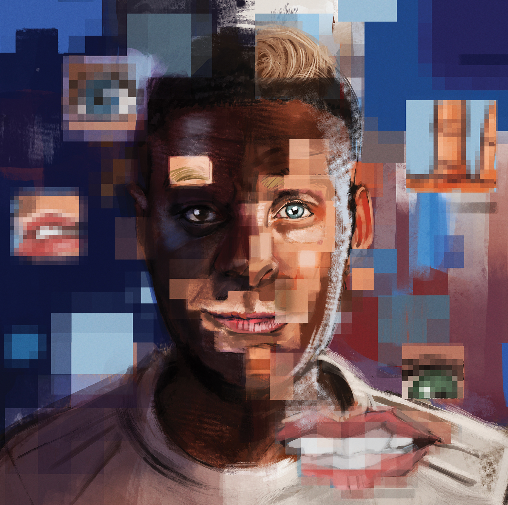 Digital art of a person with a split face, one side featuring dark skin and the other light skin, surrounded by pixelated images of eyes and lips, symbolizing diversity and technology's impact on identity.