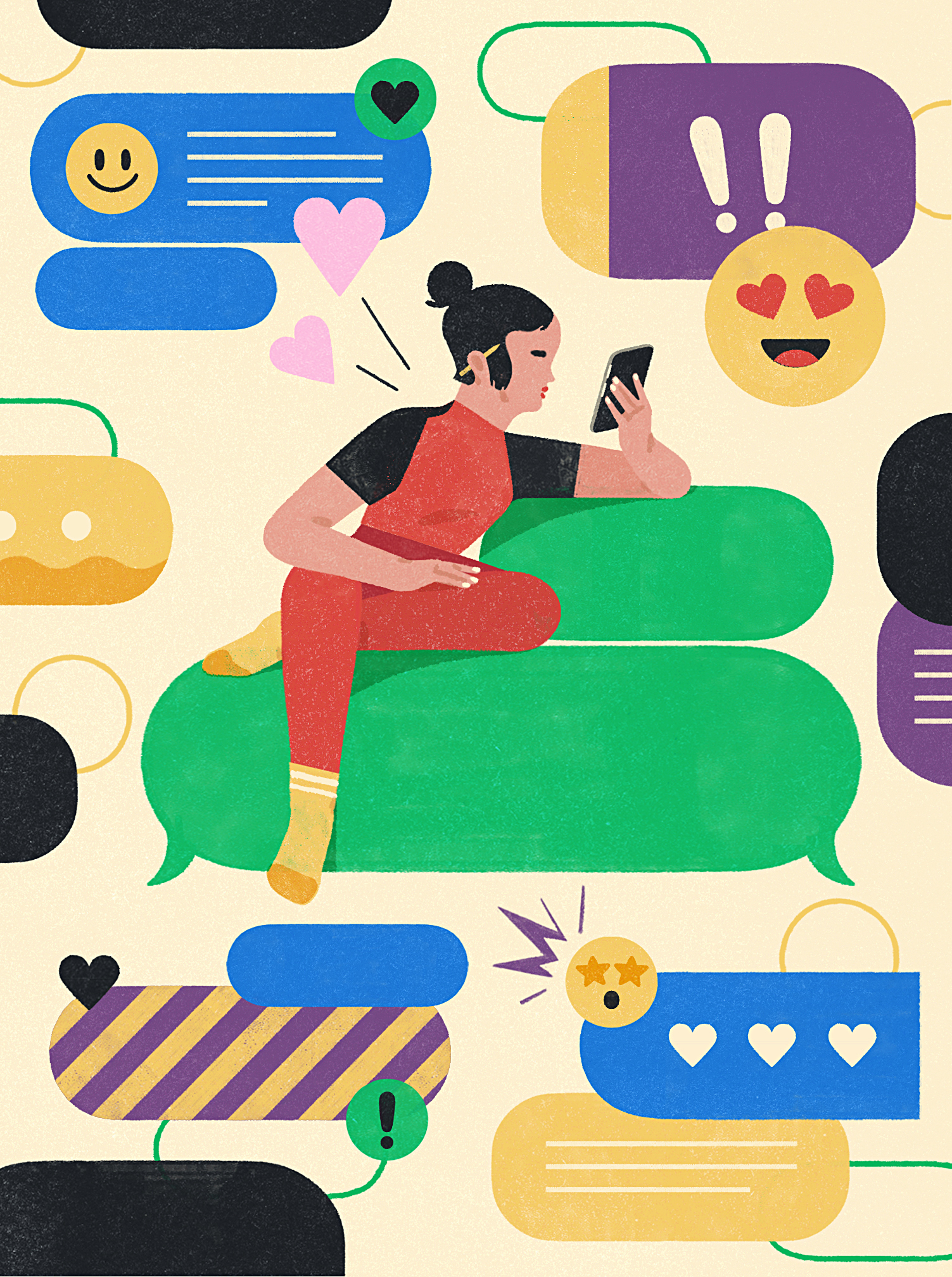 Illustration of a woman in a red outfit sitting on a green chat bubble, engaged with her smartphone amidst colorful message bubbles, symbolizing digital communication and group chats.