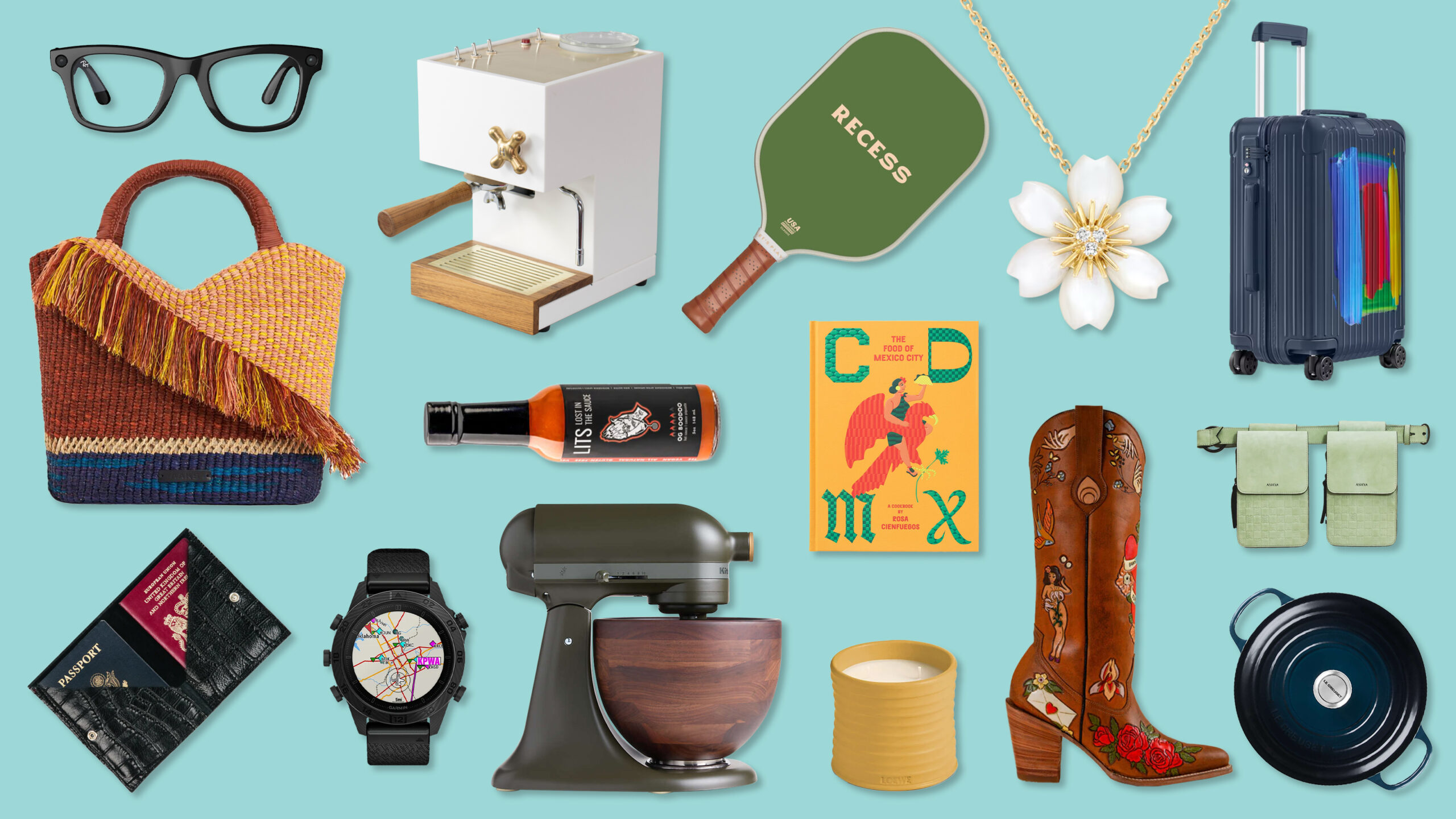 Holiday gift guide featuring a variety of items: stylish glasses, a coffee machine, a green paddle, a floral necklace, a suitcase, a hot sauce bottle, a cookbook, a smartwatch, a stand mixer, a candle, a decorative boot, and a green bag, all set against a turquoise background.