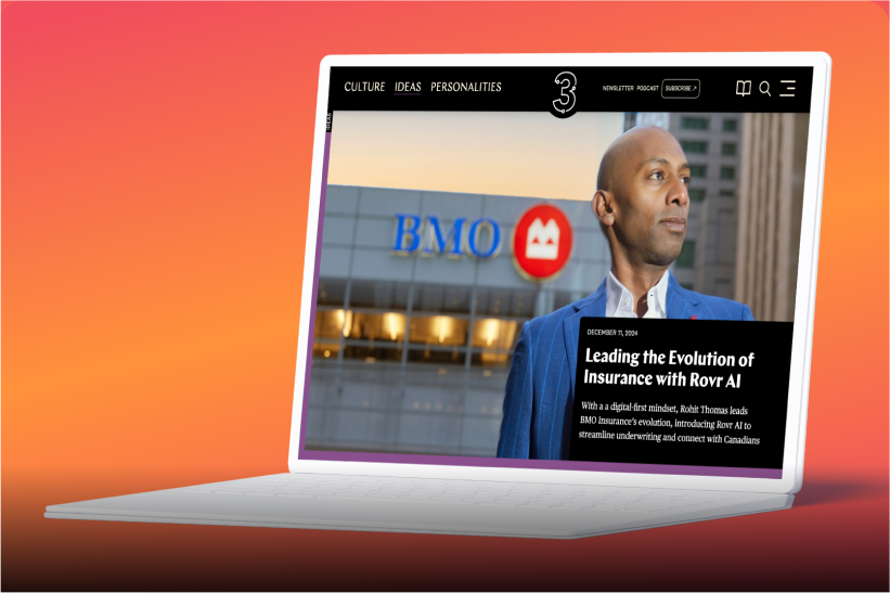 Laptop displaying an article about Rohit Thomas leading BMO Insurance's evolution, featuring the BMO logo and a vibrant background.