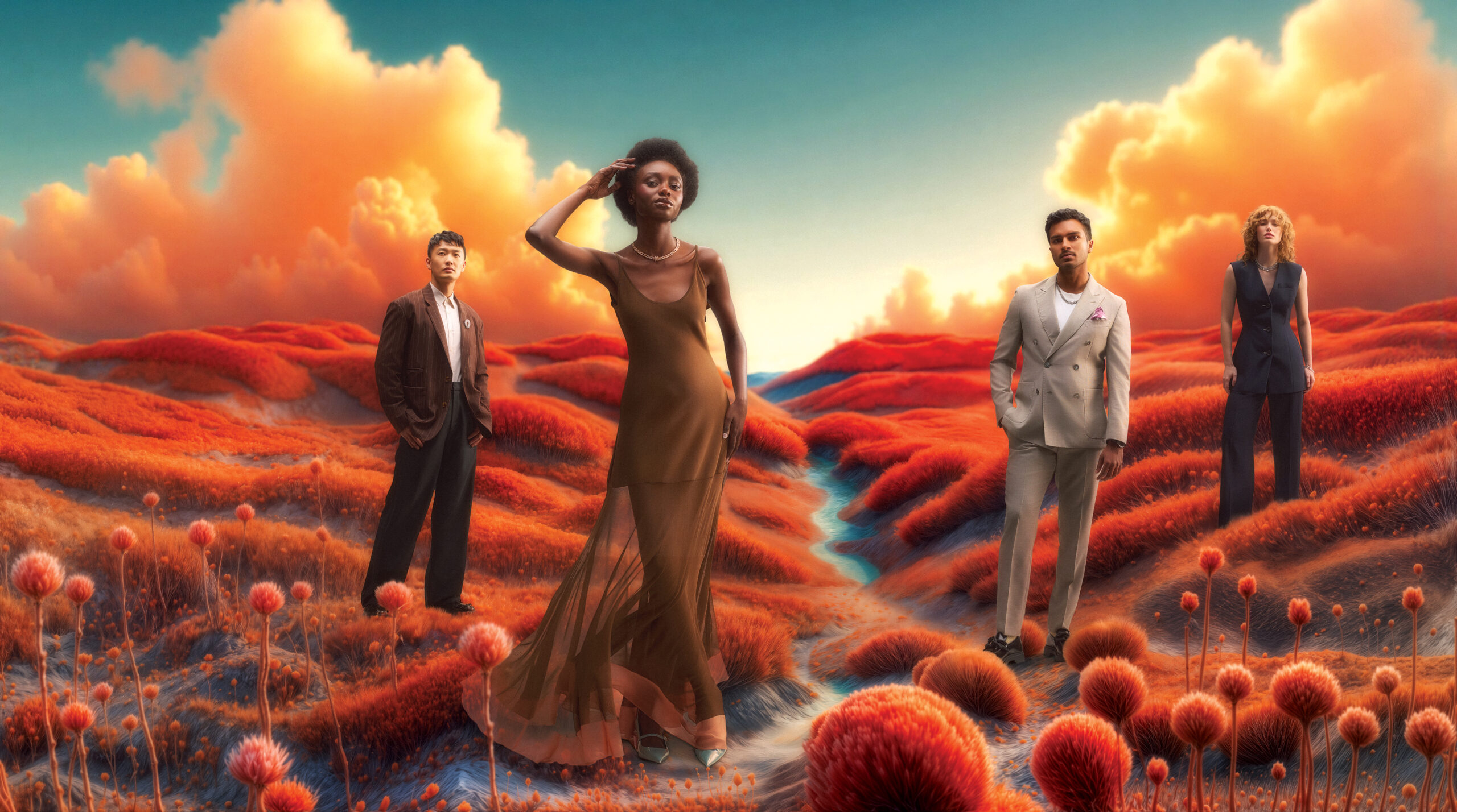 Fashion models in elegant outfits standing in a surreal landscape of vibrant red flora and dramatic clouds, reflecting a renewed emphasis on formal attire and technical skill in contemporary fashion.