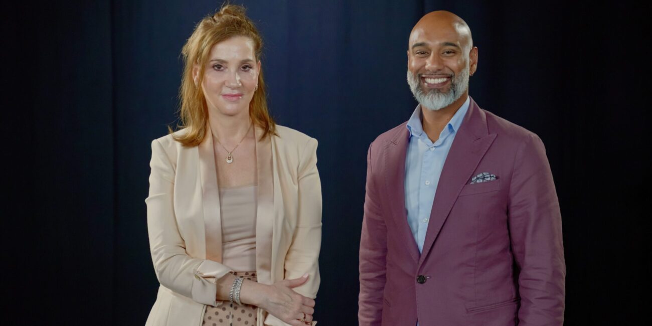 Dr. Dima Jamali and a co-host posing for the Third Culture Leaders podcast, discussing leadership and sustainability.