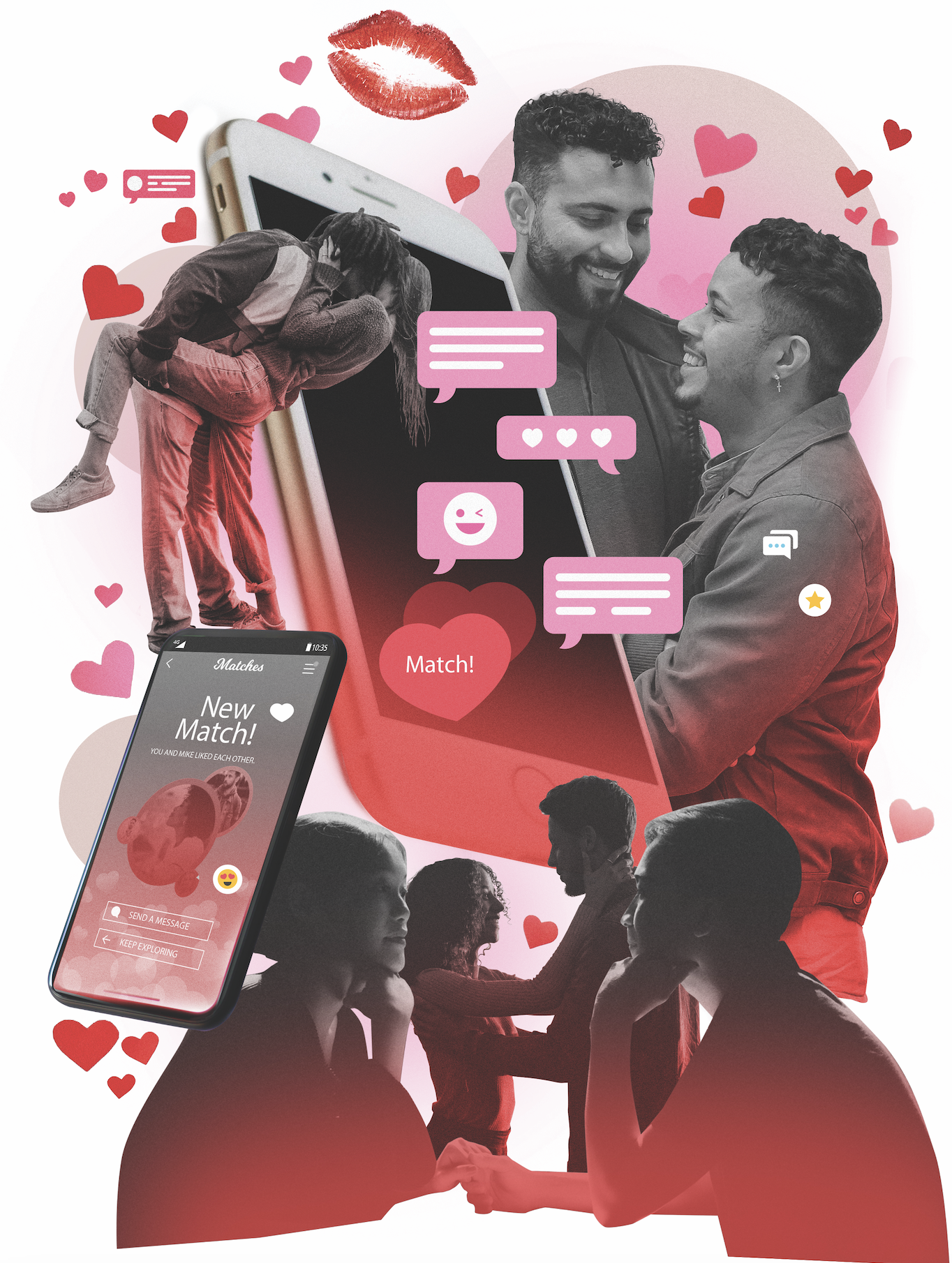 Couples interacting with a smartphone displaying a dating app, surrounded by hearts and chat bubbles, illustrating the theme of love and technology in modern dating.