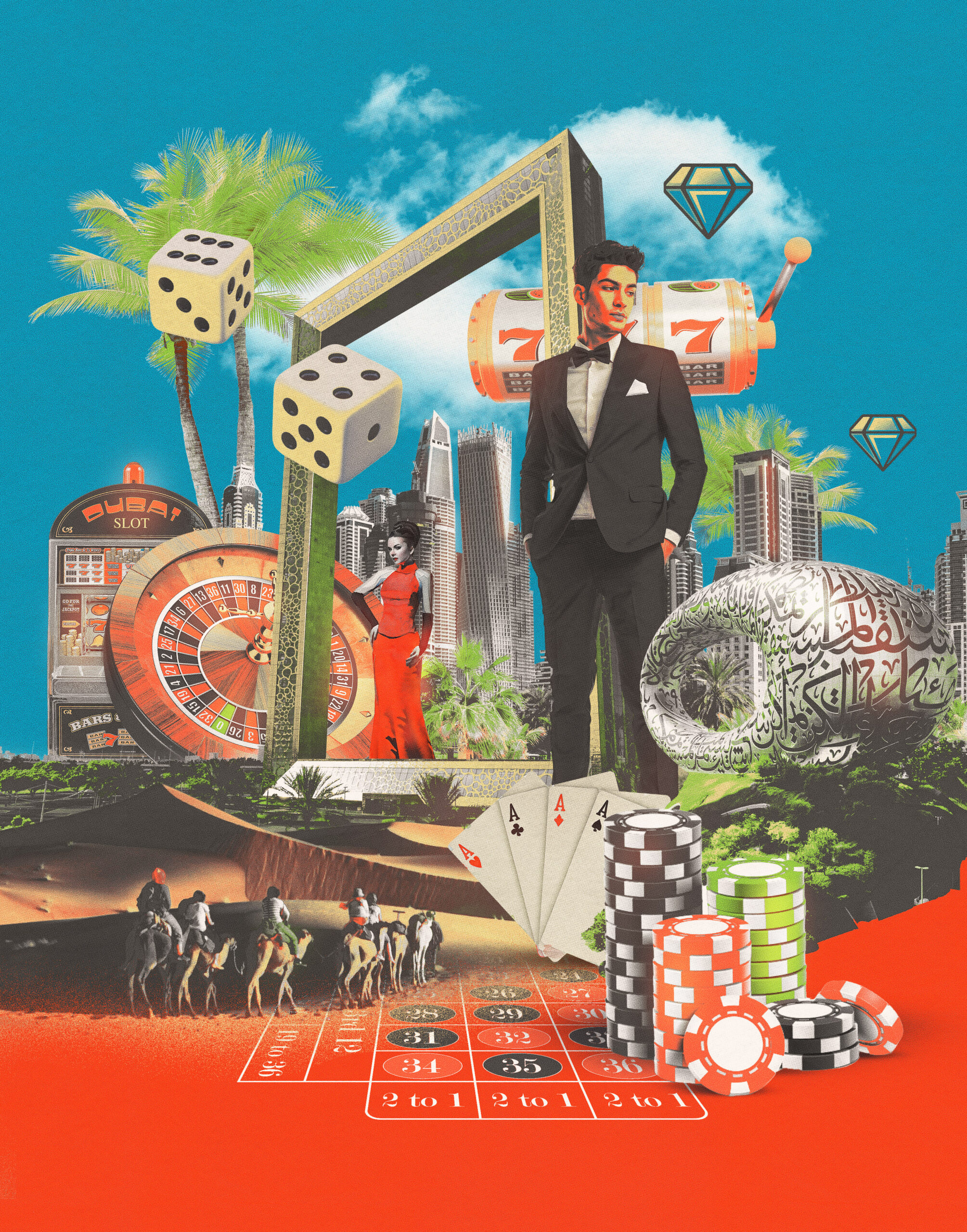 Man in tuxedo with casino elements, dice, poker chips, and roulette wheel, symbolizing luxury and gambling culture in Dubai.