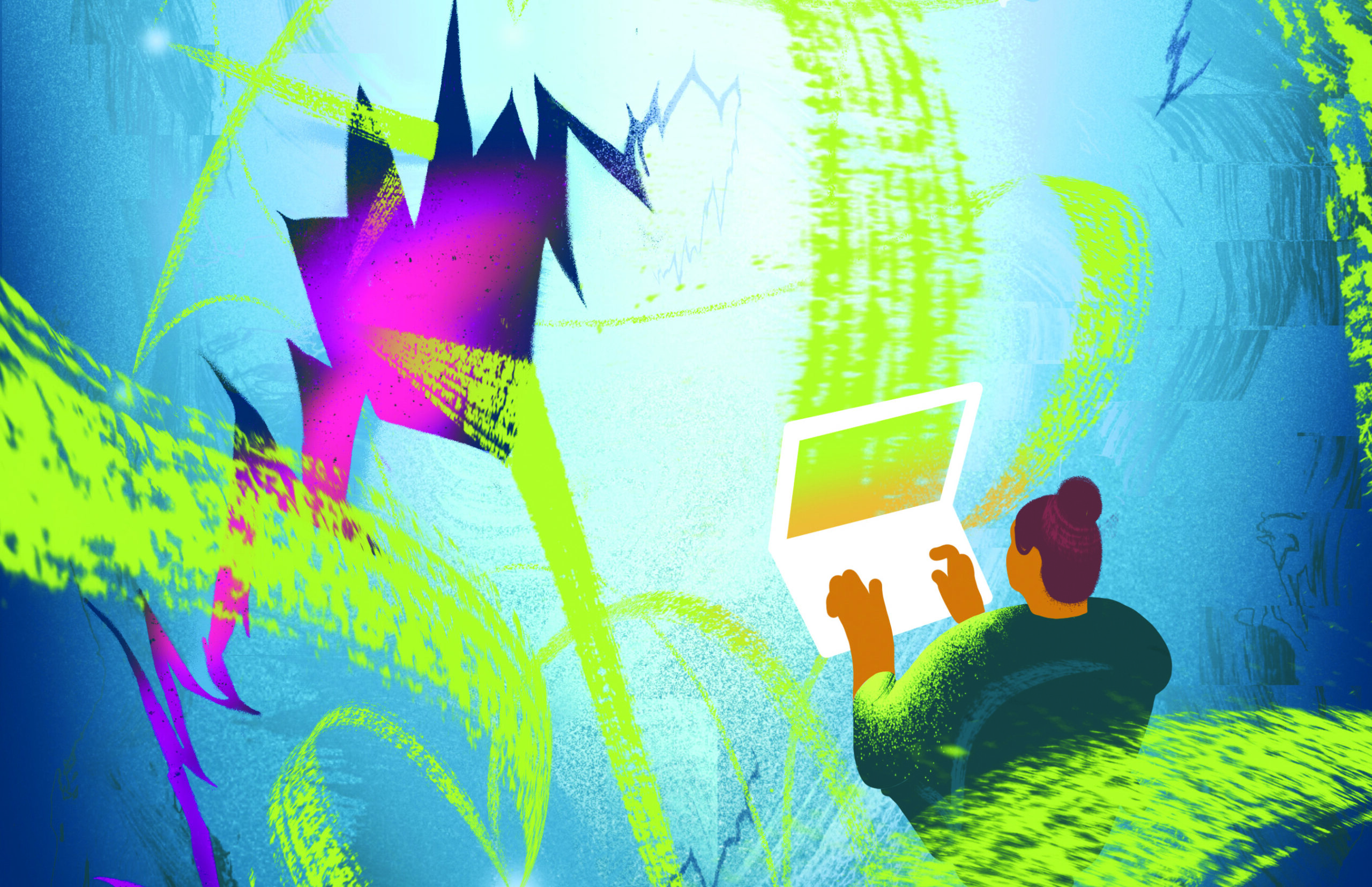 Person using a laptop amidst vibrant digital graphics representing cybersecurity and technology themes.