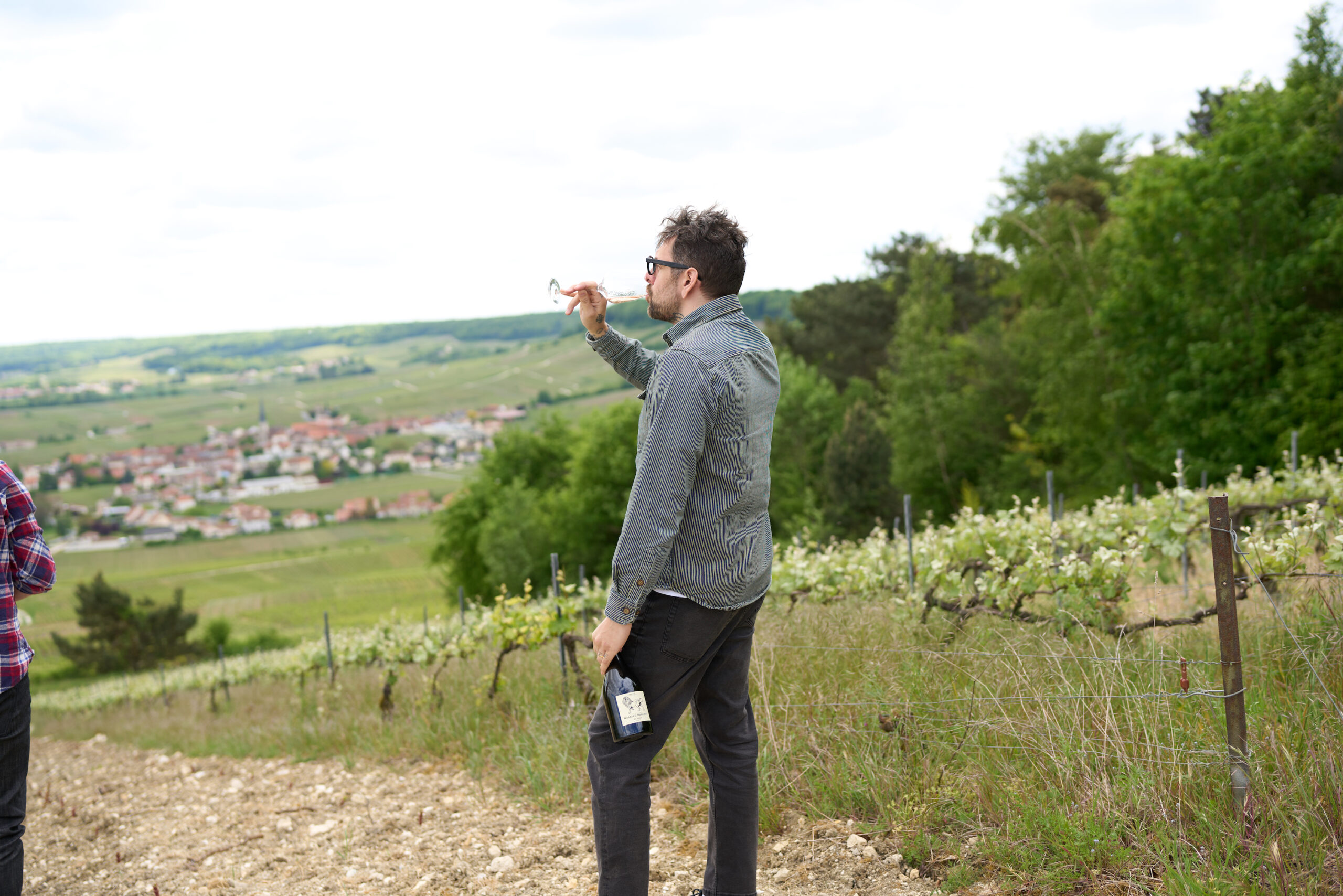 Man holding a wine glass and bottle, standing in a vineyard with a scenic view of rolling hills and a distant town, reflecting a lifestyle of wine appreciation.