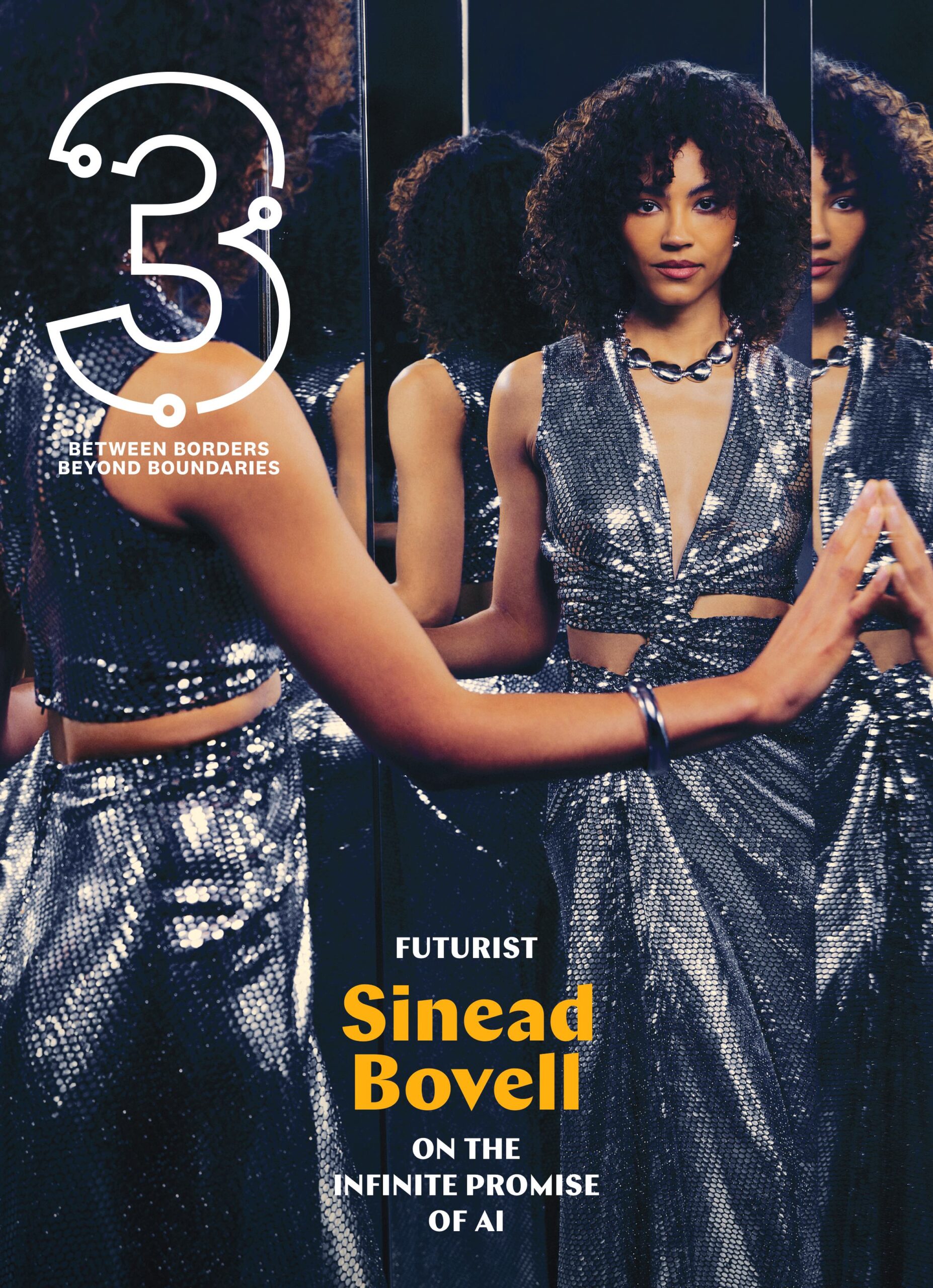 Futurist Sinead Bovell in a shimmering silver outfit, reflecting in multiple mirrors, with the text "Futurist Sinead Bovell on the Infinite Promise of AI" and the magazine logo featuring the number 3.