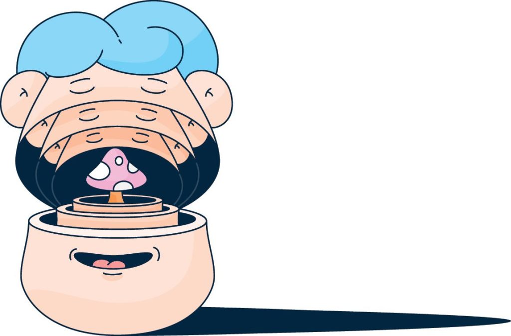 Illustration of a mind with layers opening up to reveal a mushroom.