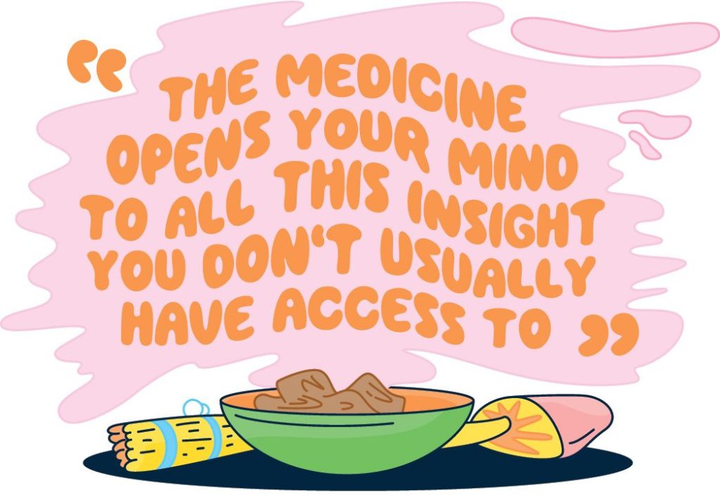 Illustration of quote that reads, "The medicine opens your mind to all this insight you don't usually have access to."