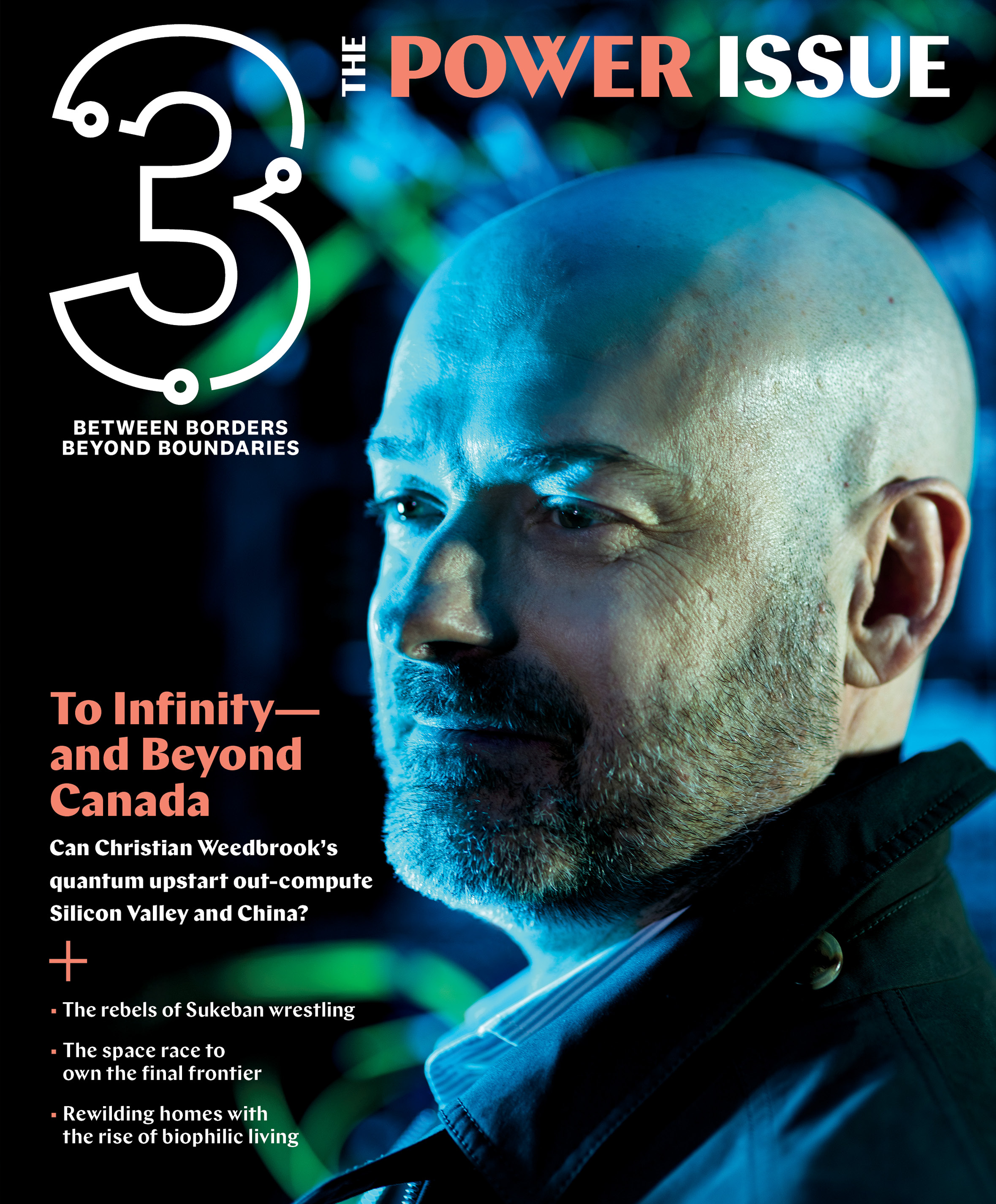 Portrait of Christian Weedbrook, quantum computing entrepreneur, featured on the cover of Three Magazine's "Power Issue," with dynamic blue and green background, emphasizing innovation and technology themes.
