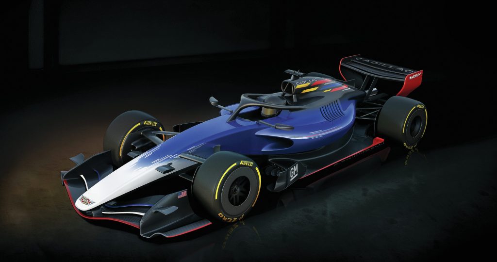 F1 blue racing car with red and yellow details.