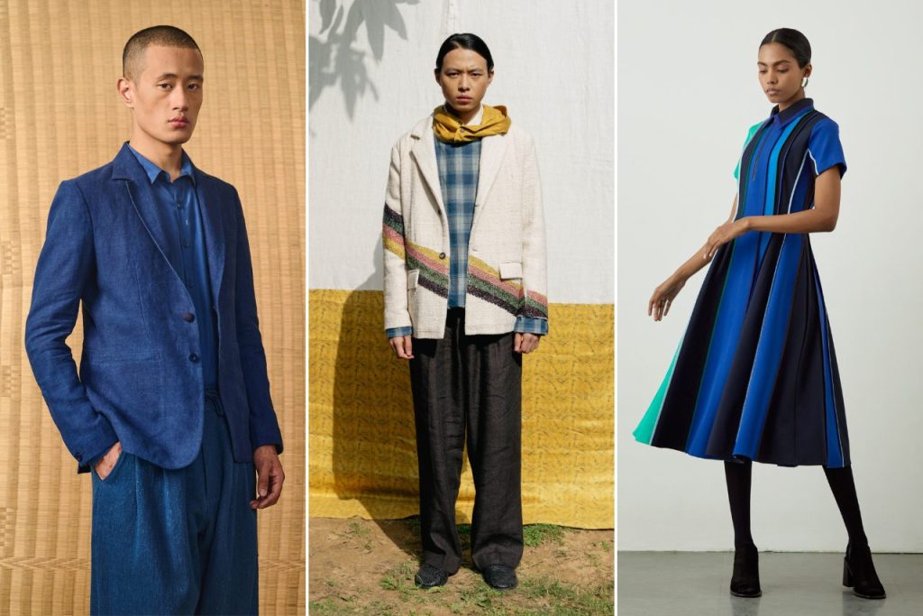 Left: Man wears a textured dark blue suit. Middle: Mans wears a blue checkered shirt with a white blazer that has coloured diagonal stripes at the bottom. Right: Woman wears short sleeve blue dress with vertical stripes. 