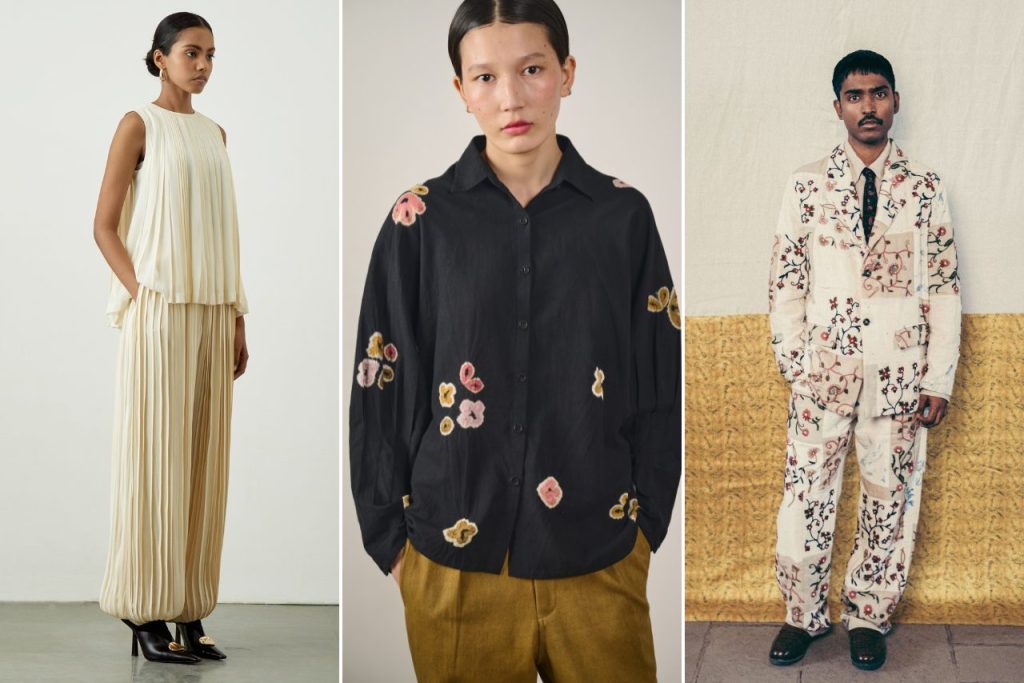 Left: Woman wears a flowy cream matching set Middle: Person wears a structured black button down with scattered floral embroidery. Right: Man wears white floral suit. 
