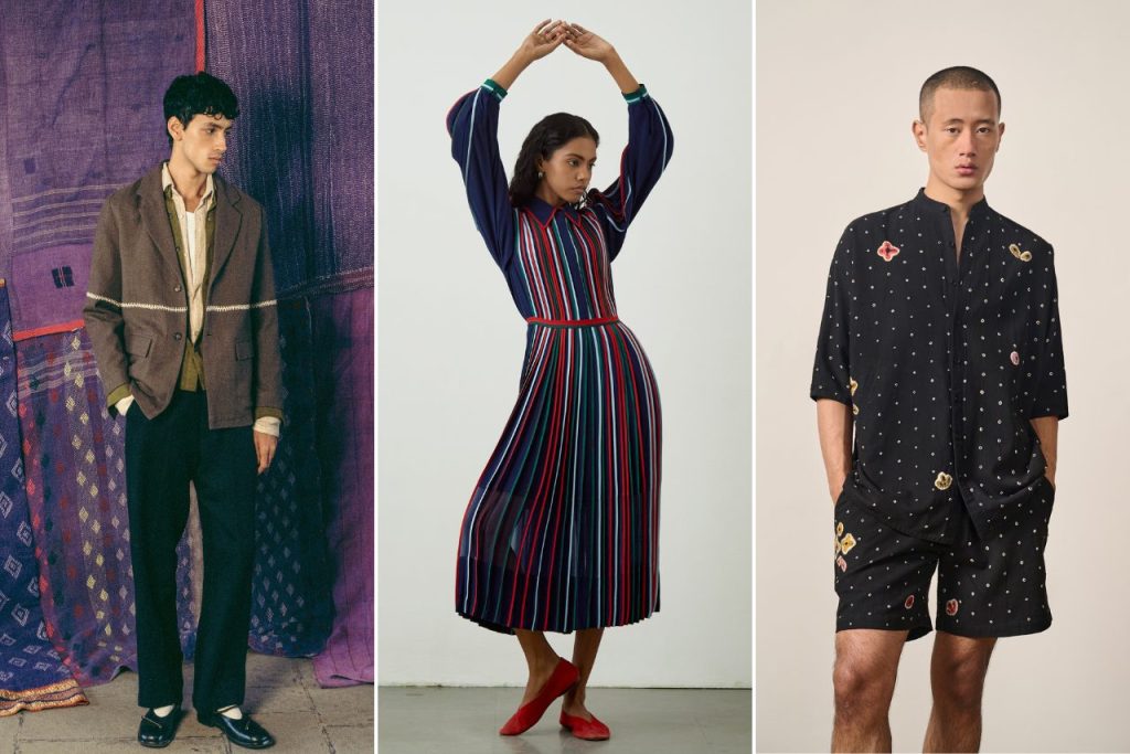 Left: Man wears a brown textured jacket in front of a purple textile background. Middle: Woman wears a colourful dress with vertical stripes while raising her hands in the air. Right: Man wears a black matching shirt and shorts set with small dots and embroidery.