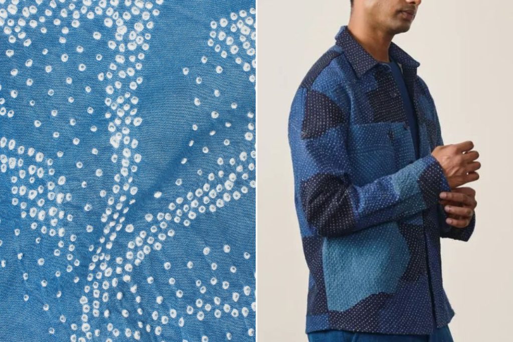 Blue and white textile design next to a man wearing a patchwork shirt.
