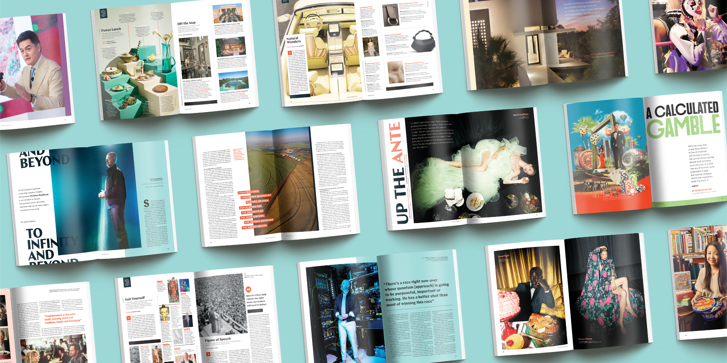 Collage of magazine pages featuring diverse articles, vibrant visuals, and engaging storytelling, reflecting Three Magazine's focus on third culture individuals and global perspectives.