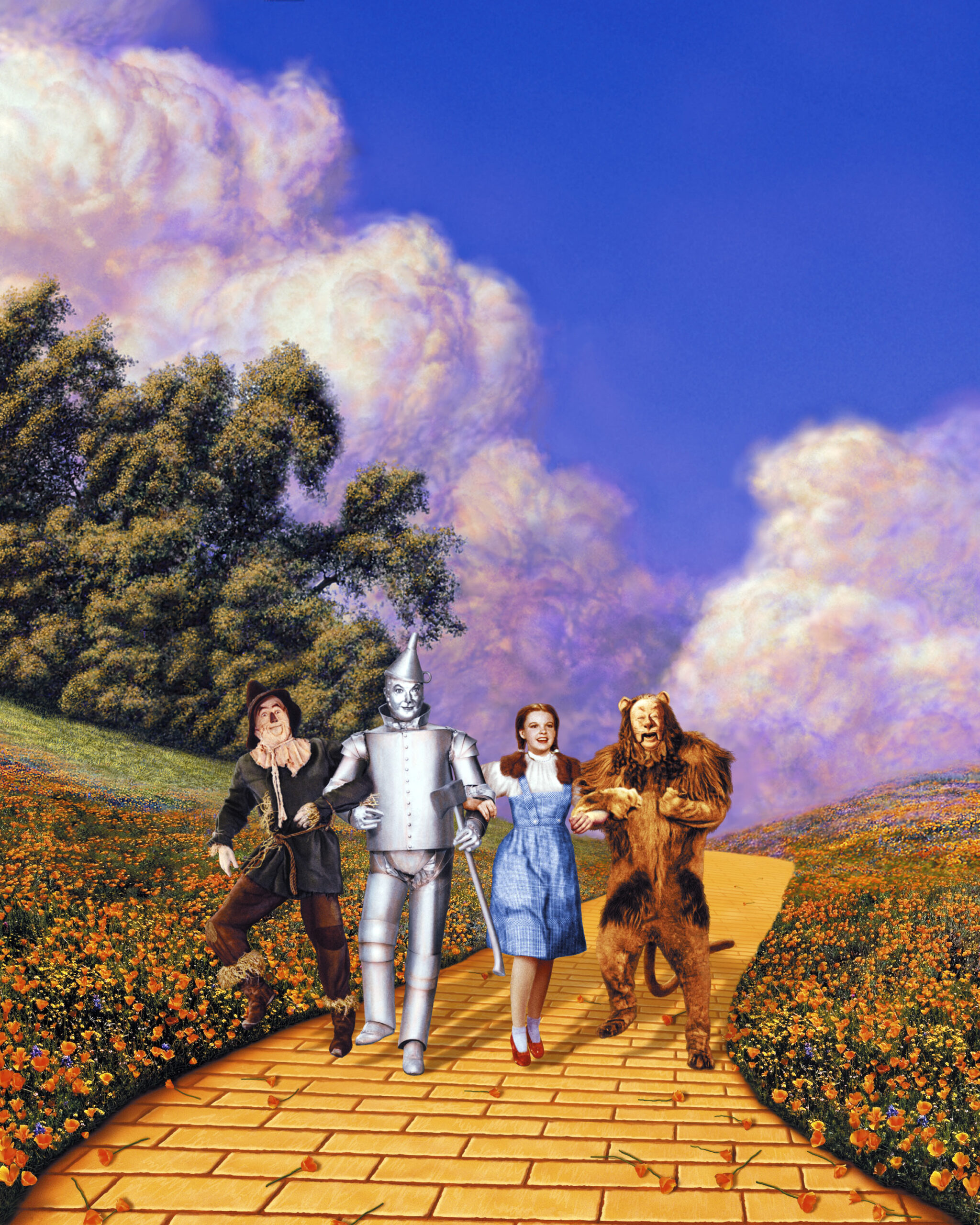 Scarecrow, Tin Man, Dorothy, and Cowardly Lion walking along the Yellow Brick Road in a vibrant landscape inspired by classic cinema.