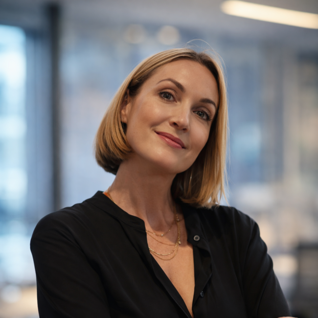 Digital Marketing Strategist Shelley Mantei posing confidently, with a blurred office background, representing Three Magazine's focus on diverse cultural narratives and global identity.