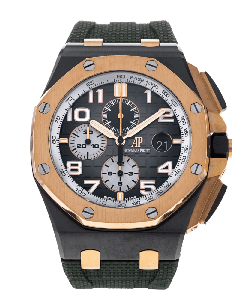 Audemars Piguet Royal Oak Offshore watch featuring a black dial, gold and ceramic case, and green rubber strap, representing luxury timepieces in the growing second-hand watch market.